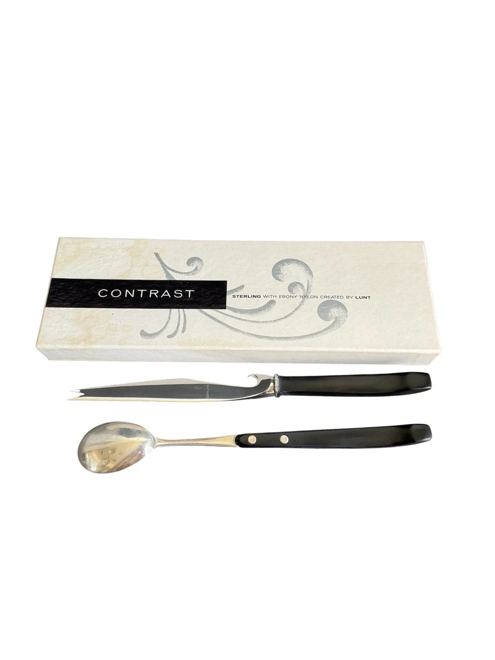 Vintage Lunt Sterling Silver Hostess Set Contrast‎ Ebony Bar Knife Spoon MCM